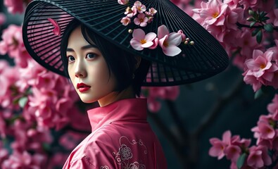 Wall Mural - Young east asian woman with short dark hair wearing pink kimono and large black hat decorated with flowers standing in front of background of blooming pink flowers East Asian china japan japanese asia