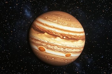 Wall Mural - photorealistic gas giant planet with prominent ring system floating in starlit void, detailed surface storms and atmospheric bands