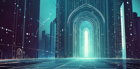 Poster - Futuristic cityscape features glowing arches and intricate line patterns