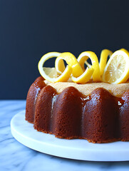 Wall Mural - Fluted citrus cake drizzled with glaze adorned with lemon curls resting on a marble stand against a dark backdrop.