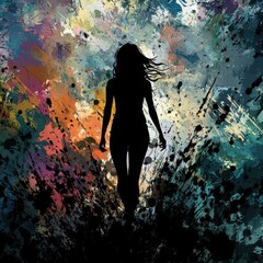 Poster - Silhouette of woman against colorful splattered abstract background
