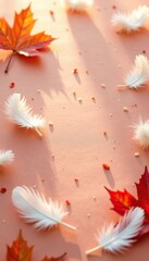 Wall Mural - Soft peach texture with fluffy white feathers scattered around, autumn foliage, rustic atmosphere