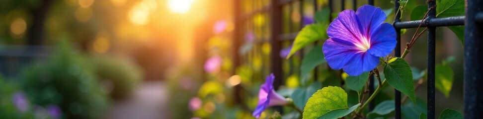 Wall Mural - Blue purple morning glory vines crawling up a trellis at dawn, warm, trellis