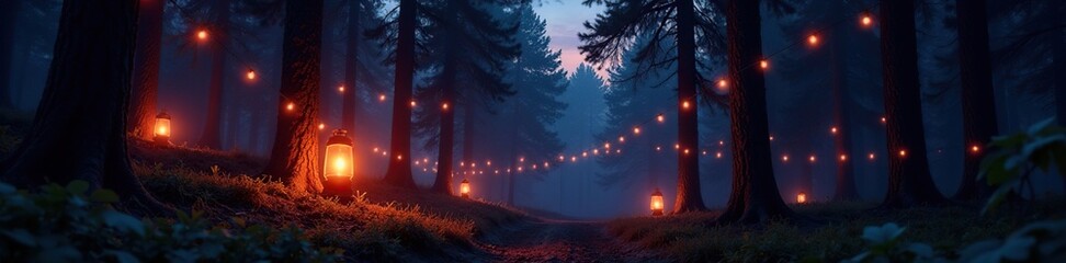 Canvas Print - lanterns casting a warm glow on forest trees at dusk, twilight, dusk, trees