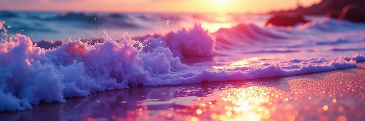 Wall Mural - iridescent waves on a bed of sparkling golden dust, purple, oceanic