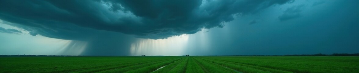 Wall Mural - dark storm clouds gather over a field with heavy rain falling from the sky, downburst, storm clouds,