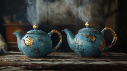 Wall Mural - Two Elegant Blue Teapots Steaming on Wooden Table