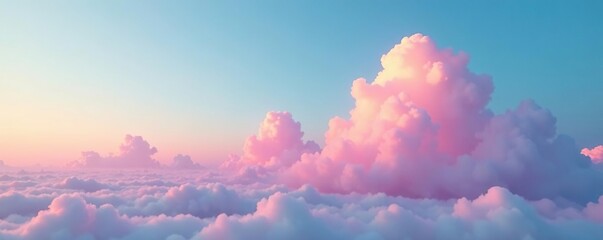 Wall Mural - soft pink clouds against a bright blue sky at sunset with pastel hues, fluffy clouds, serene scene