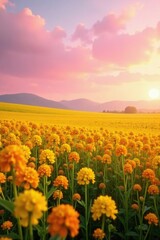 Wall Mural - Soft pink and orange light wash over a sea of blooming canola, landscape, natural, organic