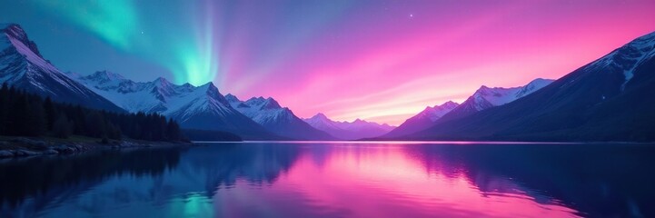 Wall Mural - Soft pink aurora above mountains and serene lake, natural light, sky, aurora borealis