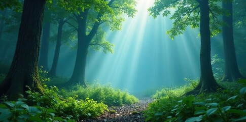 Wall Mural - soft blue mist rises from a serene forest floor, greenery, atmosphere