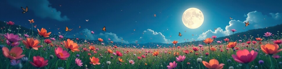 Wall Mural - soft petals of wildflowers sway in the breeze under a vast open sky with moonlight filtering through
