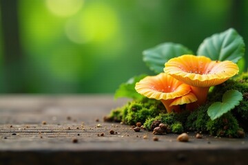 Wall Mural - Wooden table with natural organic fungi growth, growing, fungi