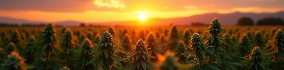 Wall Mural - Soft orange hues illuminate a sea of cannabis crops, cannabis, sunset