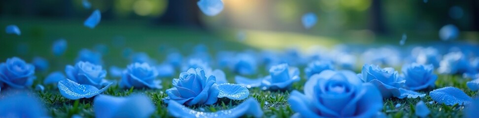 Canvas Print - falling blue rose petals on a quiet morning garden scene, dew, landscape