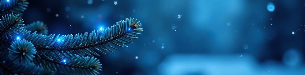 Canvas Print - blue christmas lights draped across a pine branch, winter wonderland, blue lights, festive