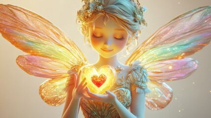 Wall Mural - A Golden Winged Fairy Holds A Glowing Heart