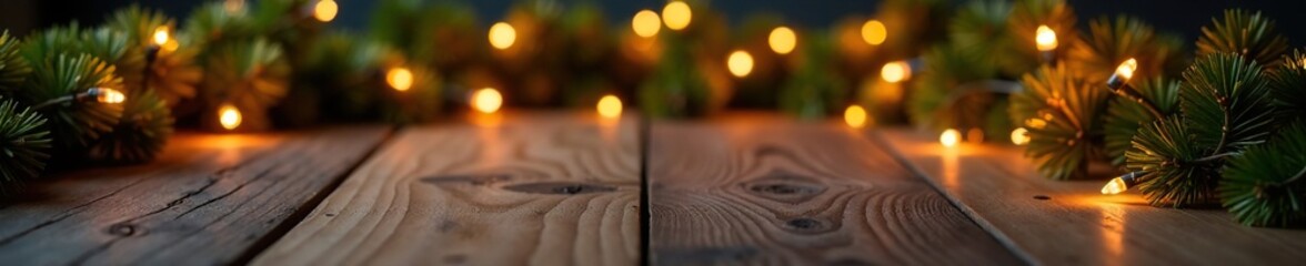 Wall Mural - Wooden table with scattered garlands and Christmas lights, cozy atmosphere, Christmas lights, joyful scene