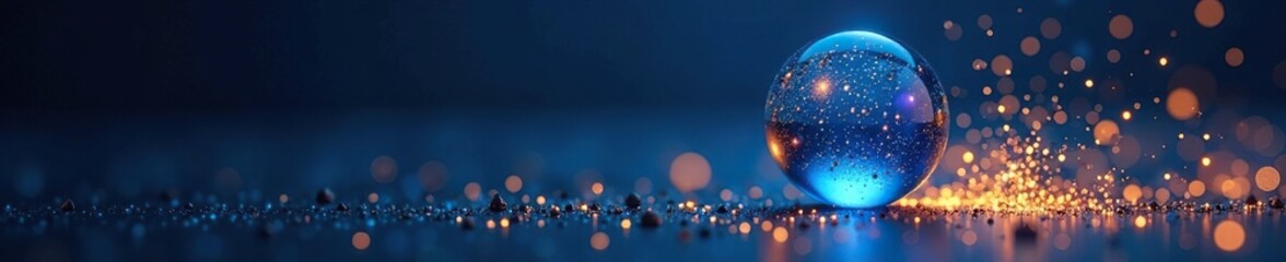 Wall Mural - iridescent blue and gold sphere with glittering dust particles, blue, glowing, sparkling