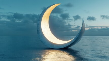 Wall Mural - Illuminated Crescent Moon Sculpture on Calm Ocean Waters