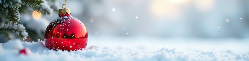 Wall Mural - snowy winter scene with isolated red glass sphere ornament on white background, holiday, sphere