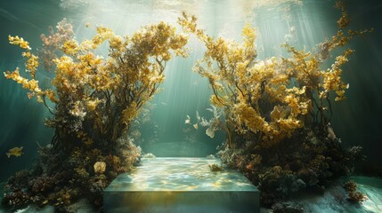 Canvas Print - Underwater Golden Kelp Forest Scene with Platform