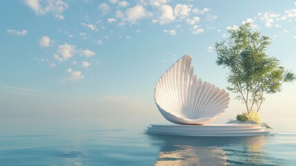 Wall Mural - Serene Seascape With Elegant Shell Sculpture And Tree