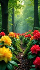 Wall Mural - Yellow and red rhododendrons in a lush green forest, red, trees