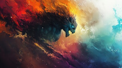 Poster - A fierce cosmic wolf roars amidst vibrant nebulous space