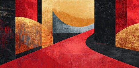 Poster - Abstract geometric shapes in red gold and black composition