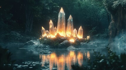 Wall Mural - Glowing Crystals Illuminate Dark Forest Pond