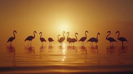 Wall Mural - Flamingos Silhouetted Against a Sunset Sky