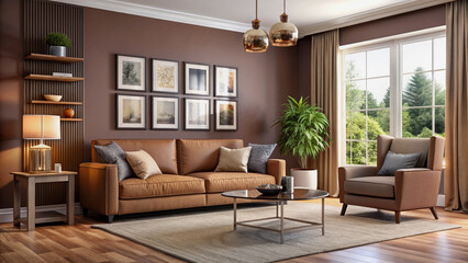 Wall Mural - vCozy Brown Living Room with Leather Furniture and Hardwood Floors