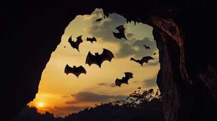 Canvas Print - Bats emerging from cave at sunset silhouette