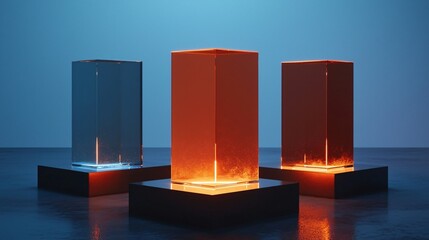 Glowing glass cubes on dark floor, blue backdrop, product display