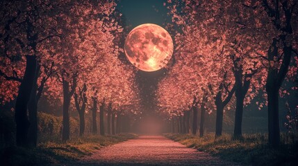 Wall Mural - Pink Blossom Trees Line Path Underneath Red Moon