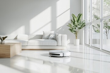 Wall Mural - Modern living room with robotic vacuum on polished floor and natural light