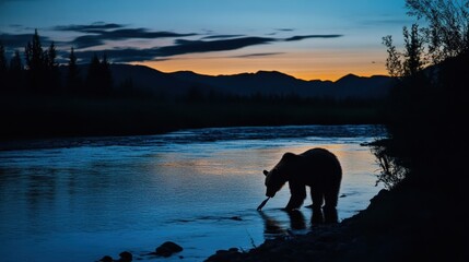 Wall Mural - Grizzly Bear Silhouette at Sunset River Fishing