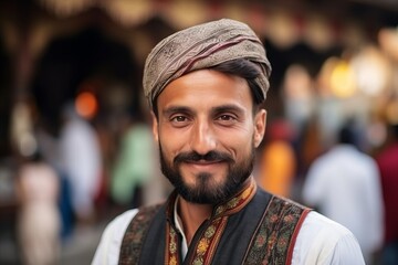 Wall Mural - Portrait of a handsome bearded Indian man in traditional clothes at the street