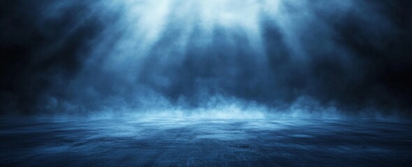 Blue smoky floor, spotlight, dark background, design