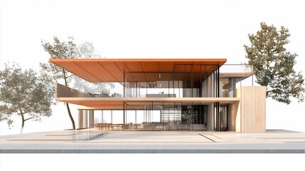Poster - Modern two story house with flat orange roof, glass walls and two trees surrounding the property
