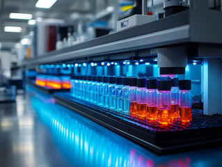 Poster - Advanced laboratory with illuminated test tubes for genetic research