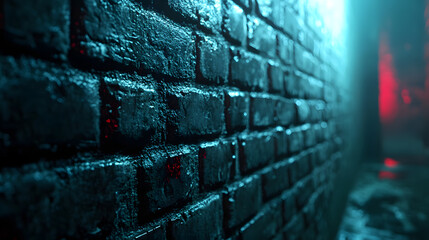Wall Mural - A close-up of a grungy, dark brick wall with hints of neon reflections, perfect for urban or cyberpunk-style visuals