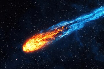 Wall Mural - spectacular cosmic fireball with intense orange core trailing brilliant blue plasma tail against starlit sky, photorealistic detail