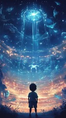 Wall Mural - Boy watches in awe as an alien world descends