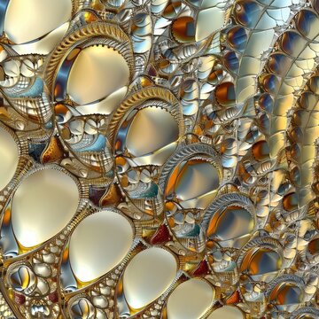 Golden fractal art, abstract design, metallic texture, swirling patterns, background detail, digital art, website graphics