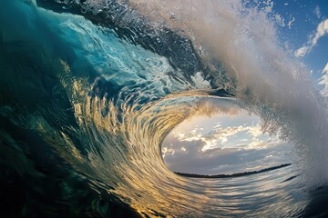Wall Mural - surging ocean wave with crystalline water and white foam crest, frozen in motion, backlit with aqua 