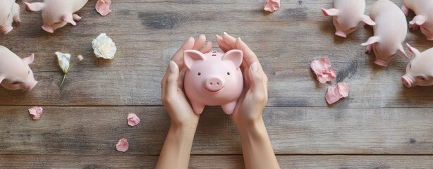 Wall Mural - Hands holding piggy bank, piglets around, wooden background, savings concept