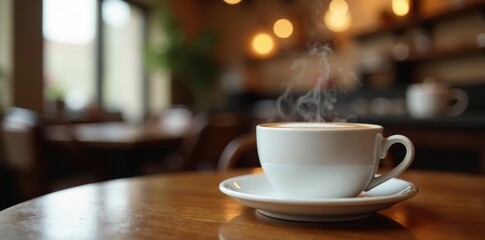 Wall Mural - Steaming cup with creamy milk foam on a table in a cozy cafe, cafes, coffee, white heart