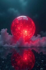 Wall Mural - Red glowing sphere suspended in a misty cloudy abyss, abstract sphere, glowing red light